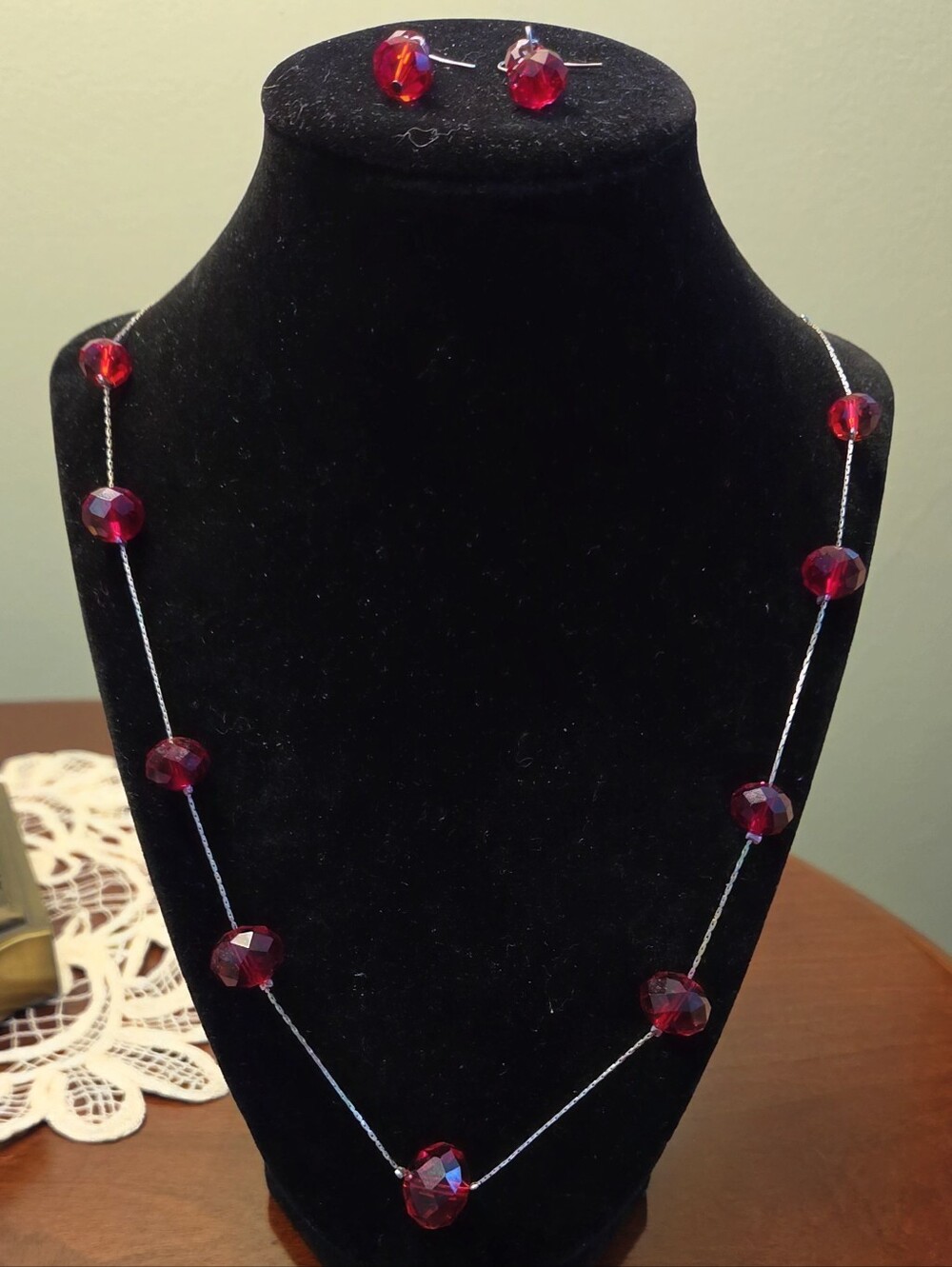 Beautiful Vintage Silver Long 30" Red Rondelle Crystal Station Necklace/Earrings